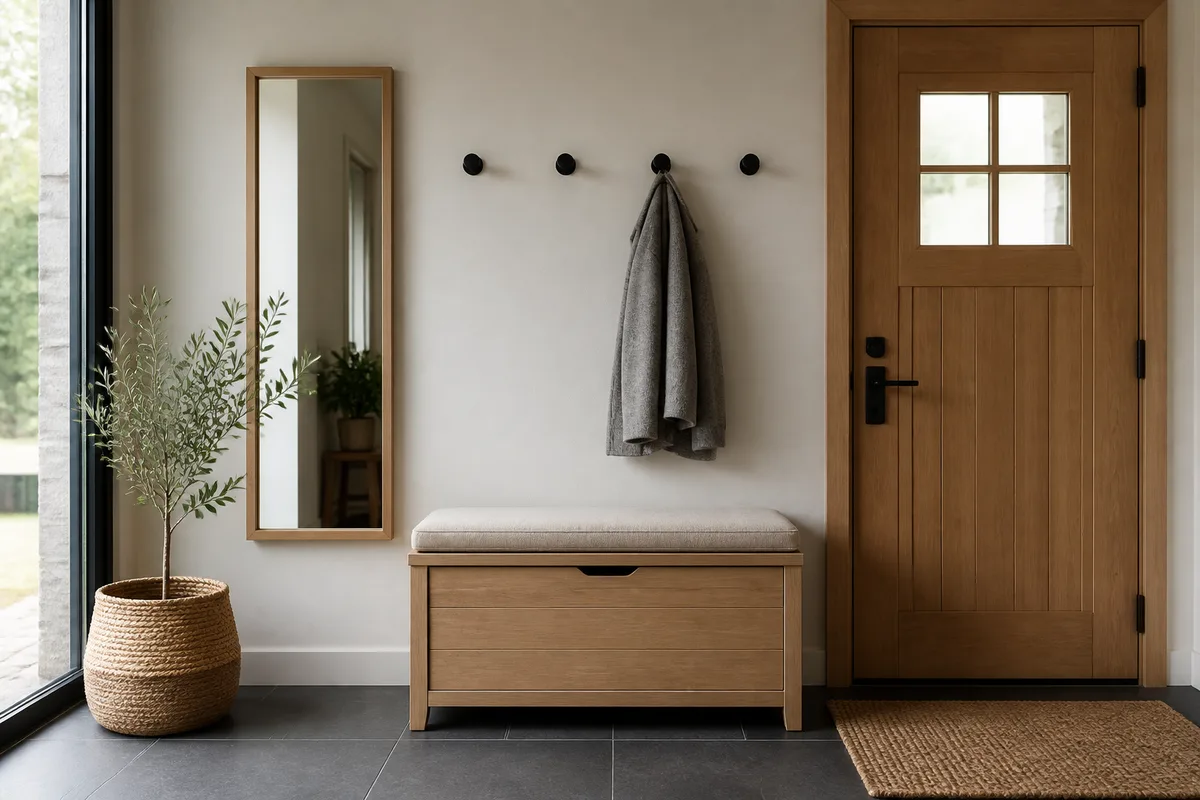 Entrée lumineuse avec banc en bois clair, patères alignées et miroir rectangulaire