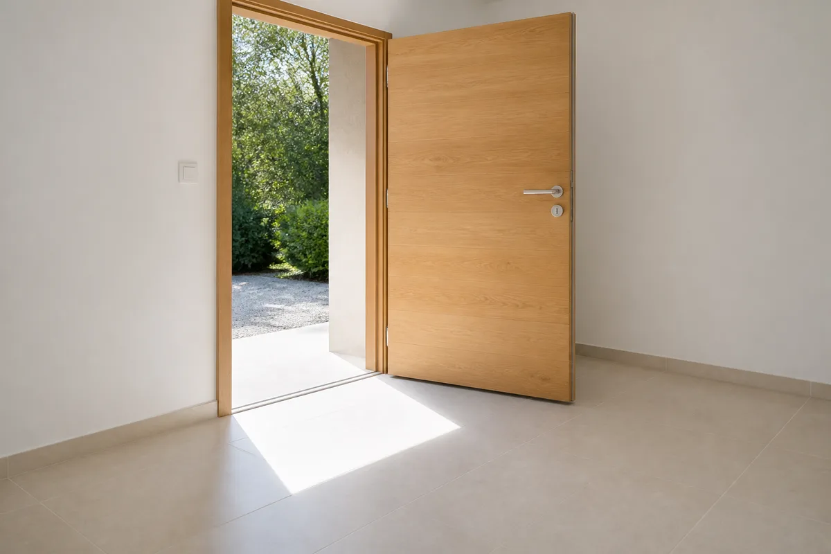 Porte d’entrée ouverte vers l’intérieur avec dégagement libre et sol carrelé clair