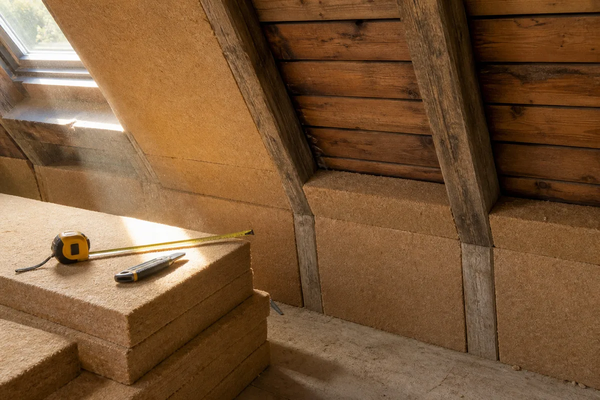 Échantillons d&rsquo;isolants et de blocs alignés sur un établi devant un mur en pierre en cours de rénovation