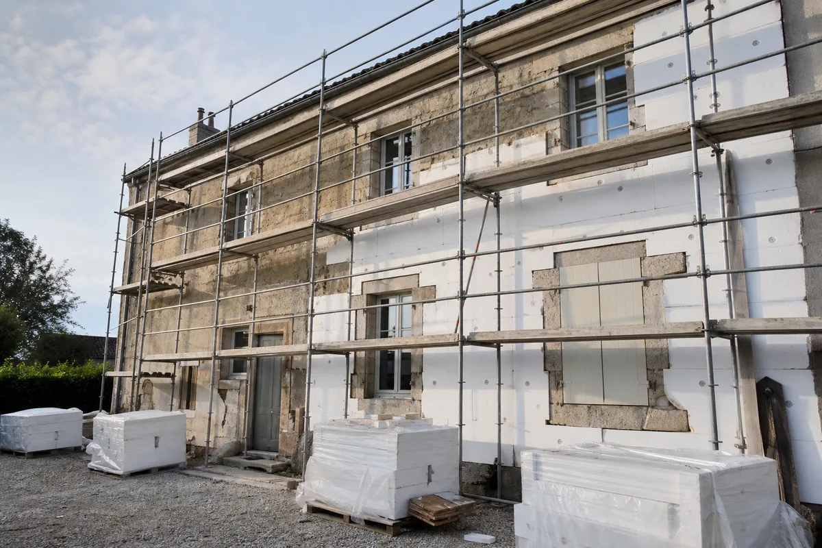 Façade de maison ancienne équipée d&rsquo;un échafaudage, panneaux isolants stockés au pied du mur