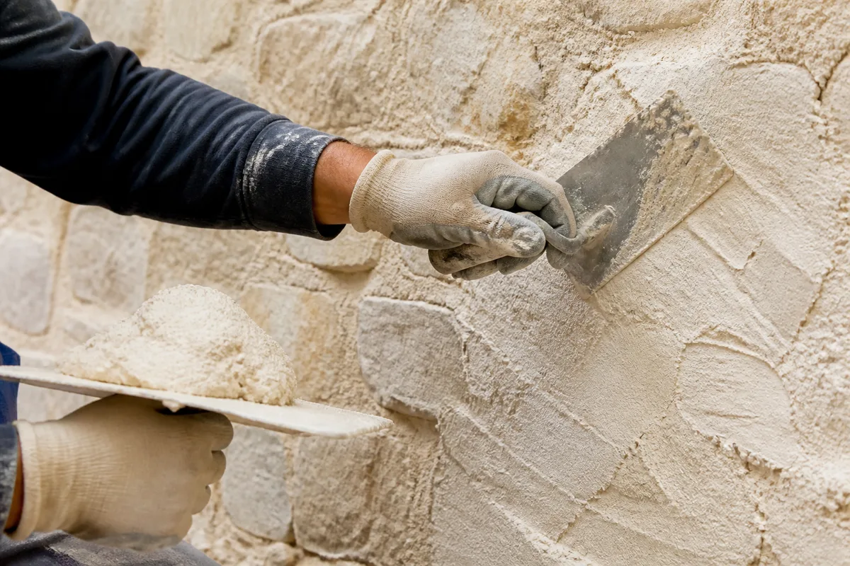 Mains d&rsquo;un artisan appliquant un enduit à la chaux à la truelle sur un mur en pierre