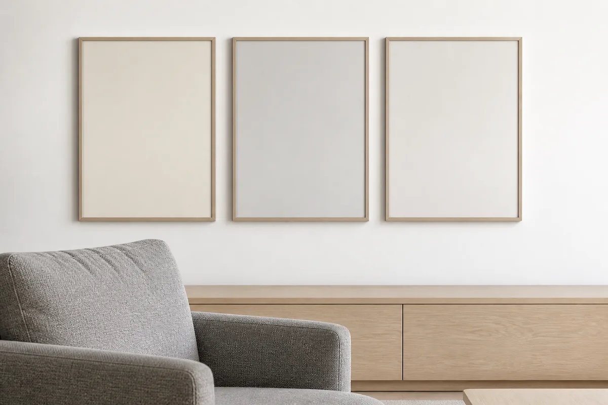 Salon lumineux aux murs blancs avec cadres en bois clair et fauteuil en tissu gris