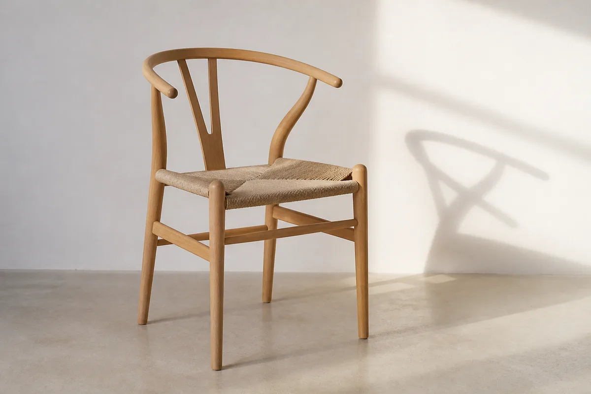 Chaise en bois clair au dossier courbe devant un mur blanc en lumière rasante