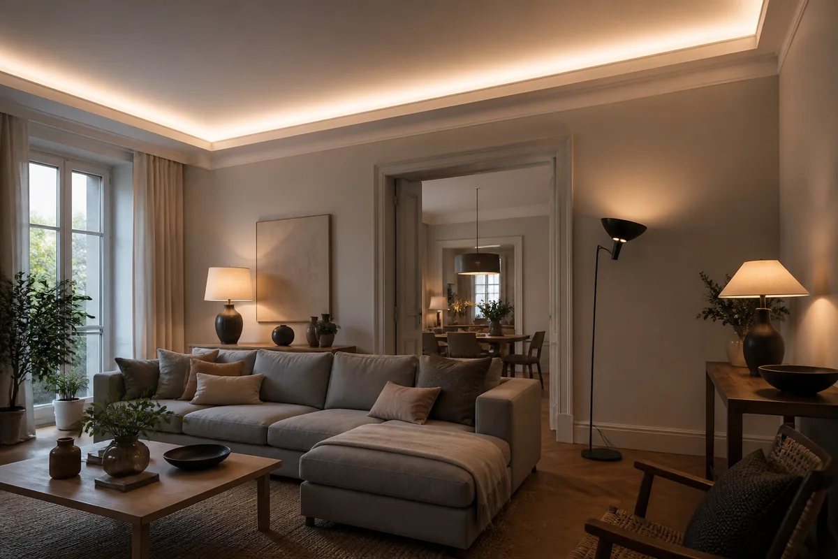 Salon éclairé par plusieurs sources basses et une corniche lumineuse au plafond