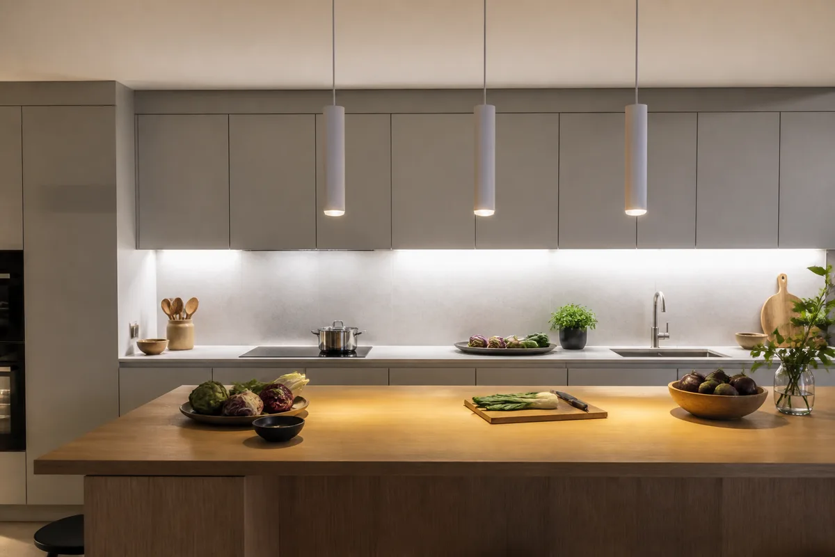 Cuisine avec bandeau lumineux sous les meubles hauts et suspensions au-dessus de l&rsquo;îlot