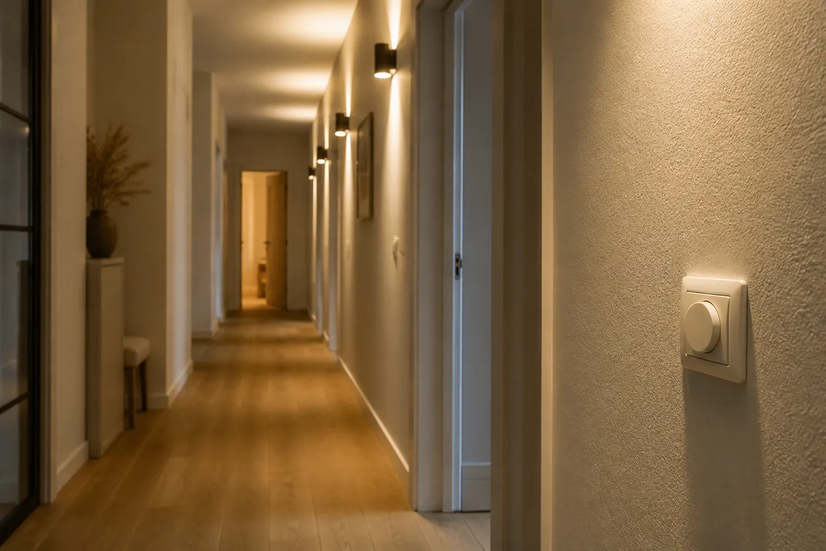 Couloir en lumière rasante avec appliques murales et variateur à hauteur de main