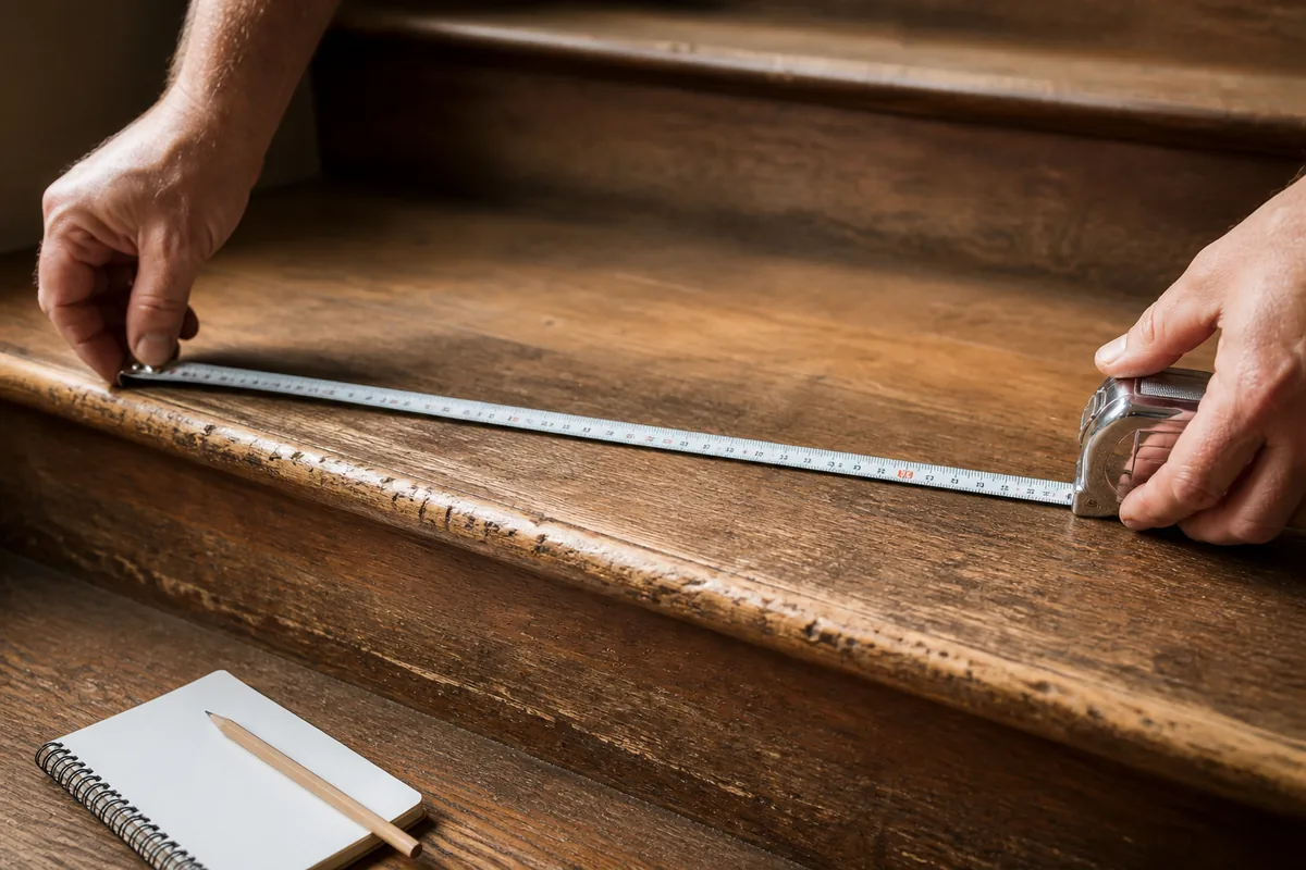 Mètre ruban tendu sur le nez d&rsquo;une marche en bois pour relever le giron d&rsquo;un escalier intérieur en cours de diagnostic