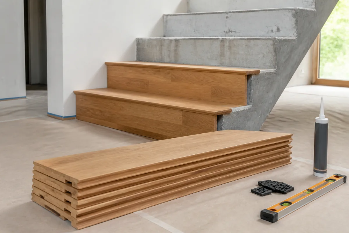 Marches en chêne préusinées empilées près d&rsquo;un escalier béton en cours d&rsquo;habillage, colle et cales posées au sol