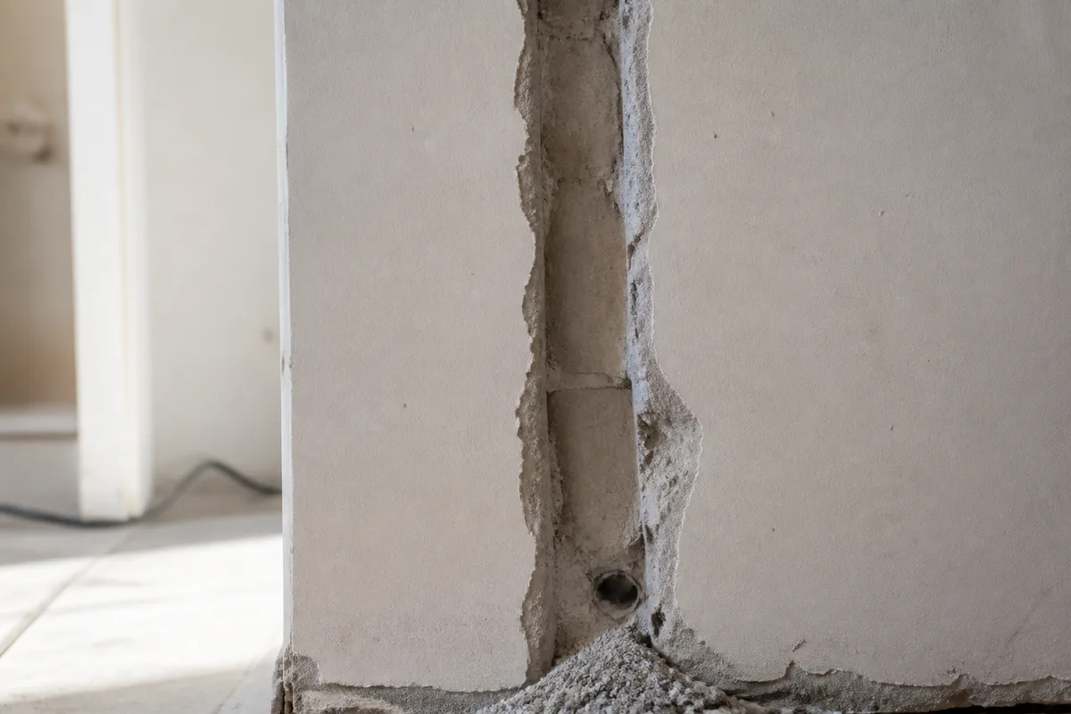 Saignée verticale ouverte dans un mur de plâtre pendant un chantier