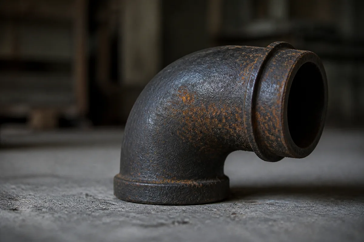 Coude de canalisation en fonte ancienne posé sur un sol brut