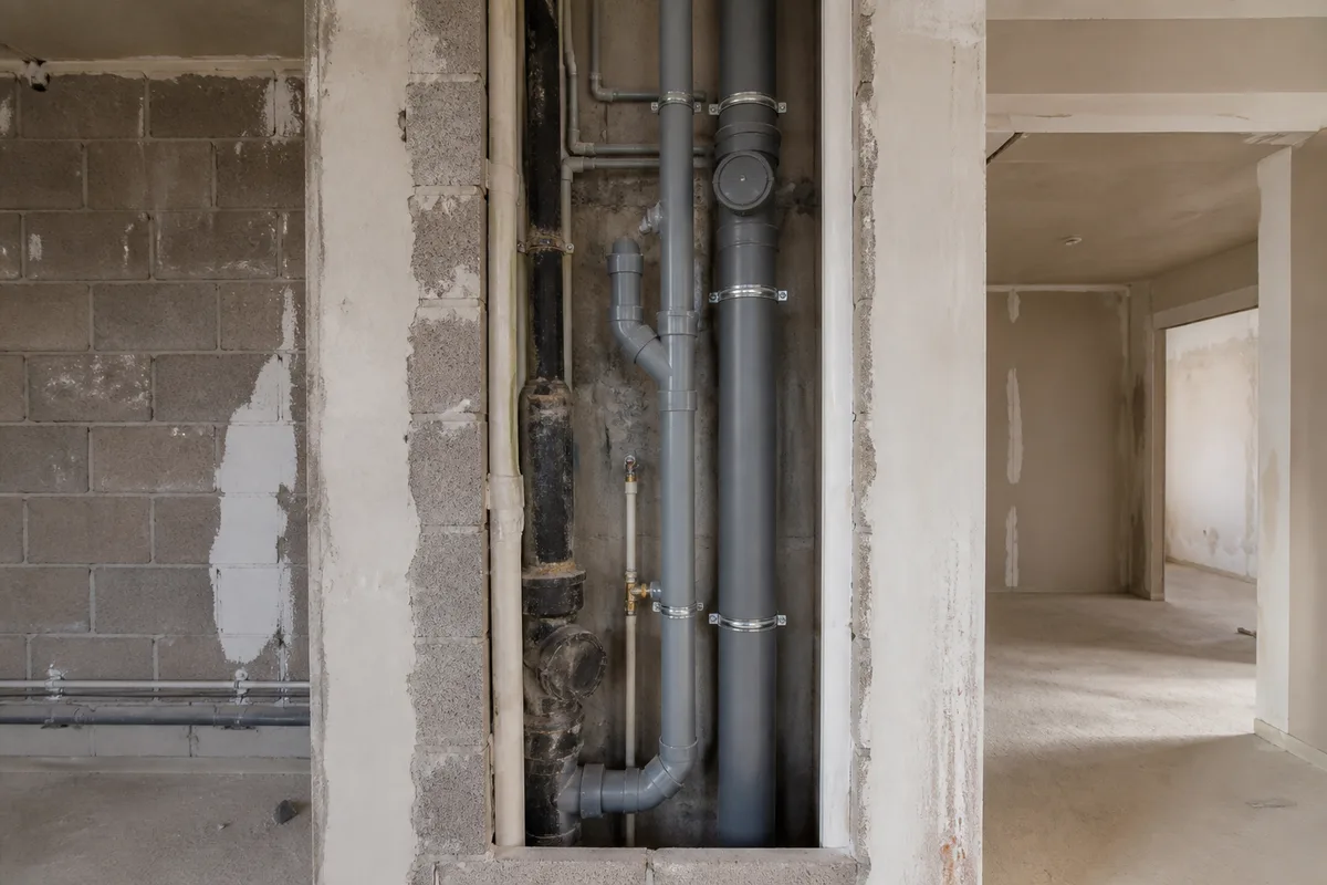 Gaine technique verticale ouverte dans un appartement en travaux