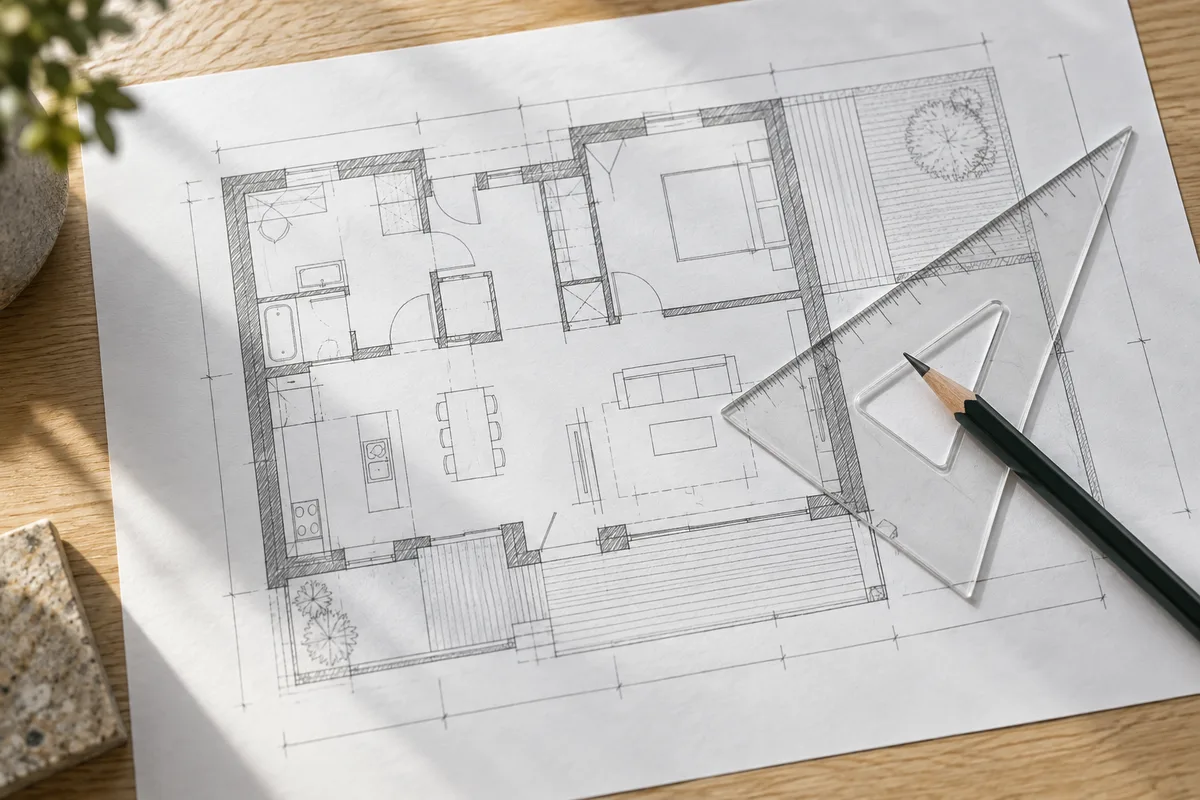 Plan d&rsquo;architecte au crayon posé sur une table de travail avec une équerre