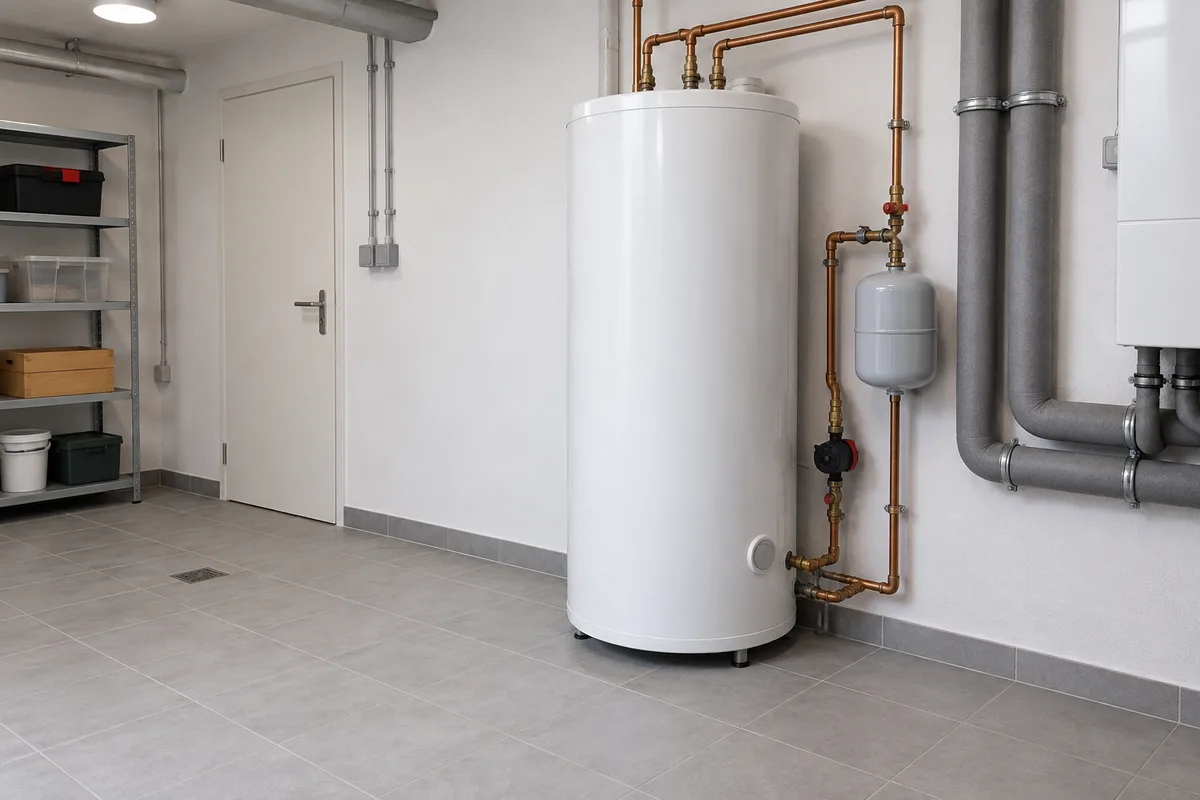 Local technique de maison avec un ballon d&rsquo;eau chaude blanc et ses tuyauteries