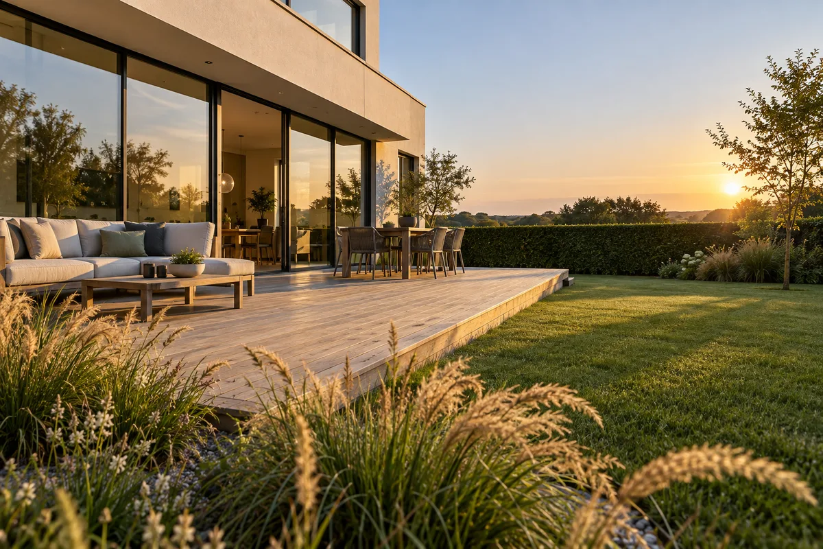 Jardin de maison contemporaine avec une haie taillée et une terrasse