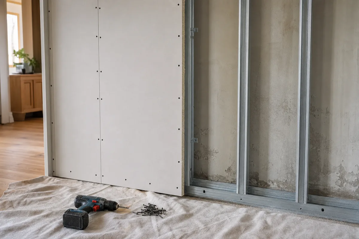 Contre-cloison en cours de montage devant un mur d’appartement