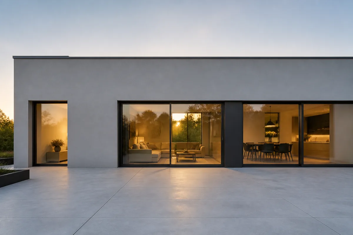 Maison contemporaine à toiture plate vue de face, façade sud largement vitrée sous un ciel de fin d&rsquo;après-midi