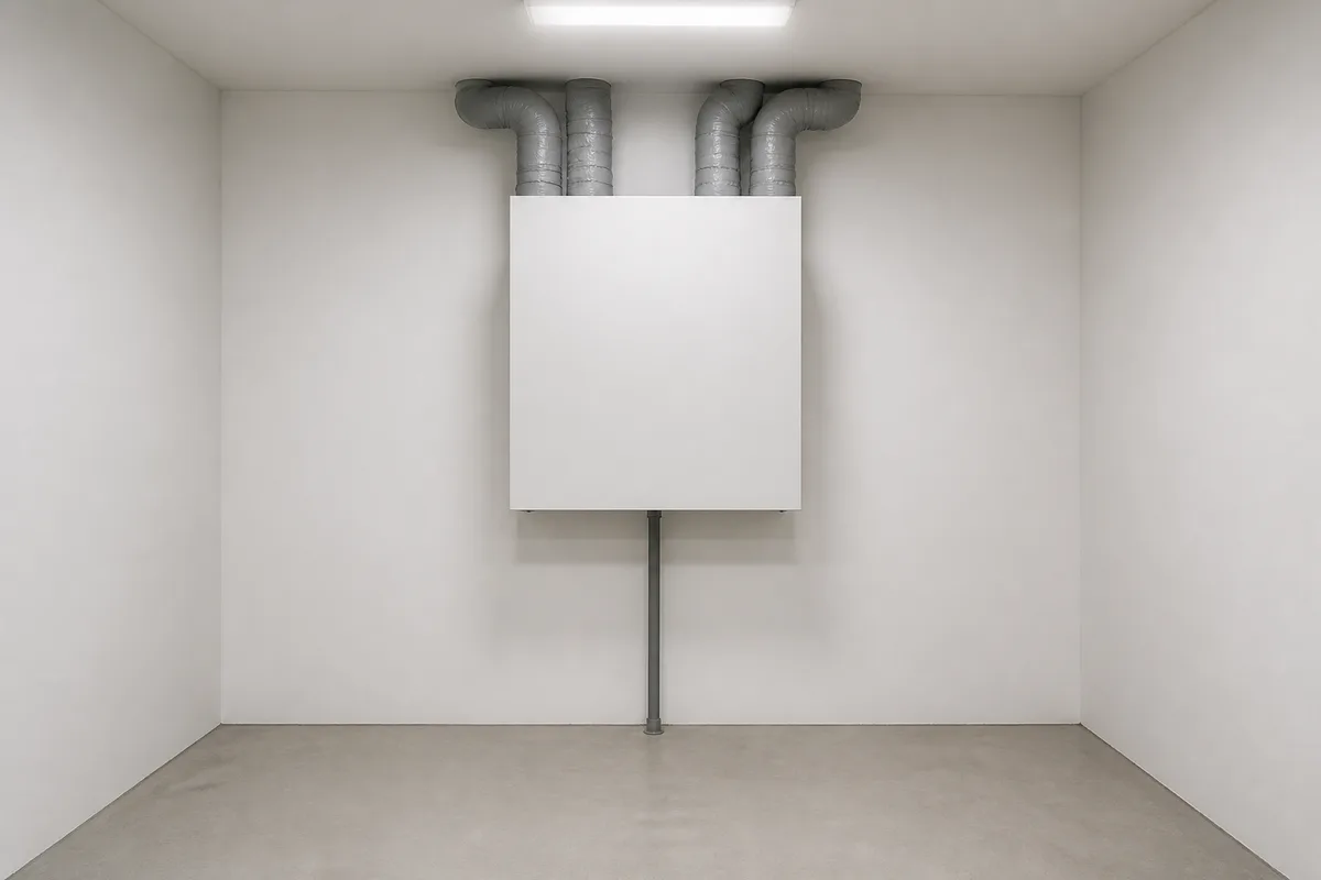 Bloc de ventilation double flux fixé dans un local technique, gaines rigides isolées raccordées au caisson