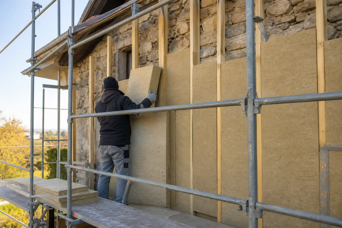 Mur ancien en cours d&rsquo;isolation par l&rsquo;extérieur, ossature bois rapportée et panneaux isolants épais alignés