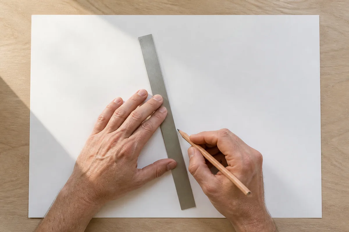 Mains posant une règle et un crayon sur une grande feuille blanche unie
