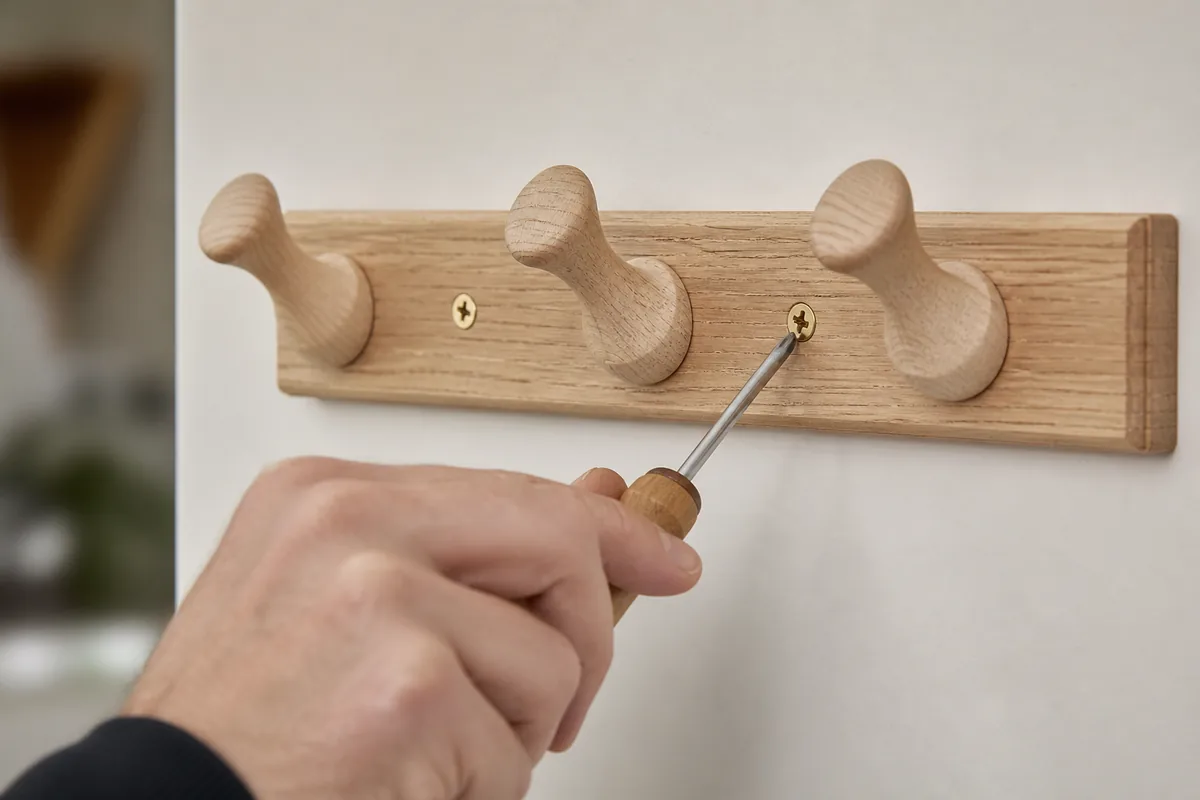 Détail de patères en bois massif vissées sur un tasseau horizontal