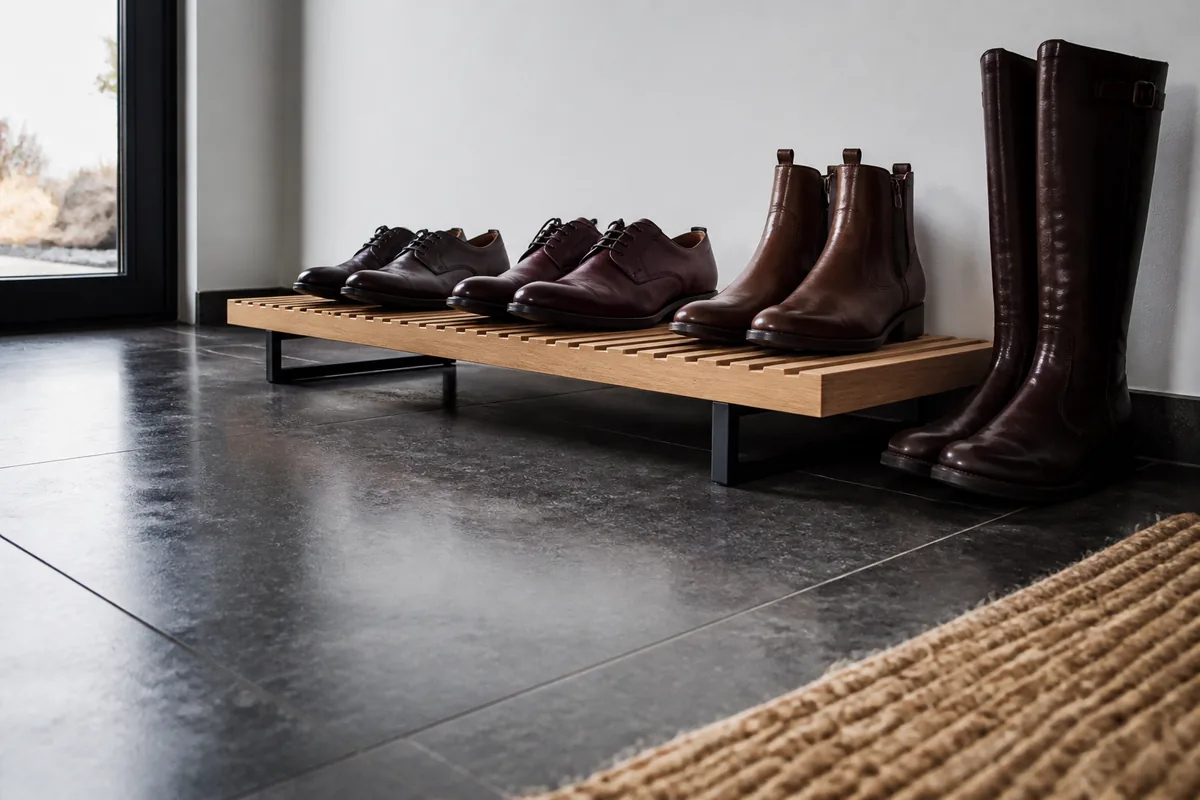 Plateau à chaussures en bois clair posé sur piétement, sol carrelé