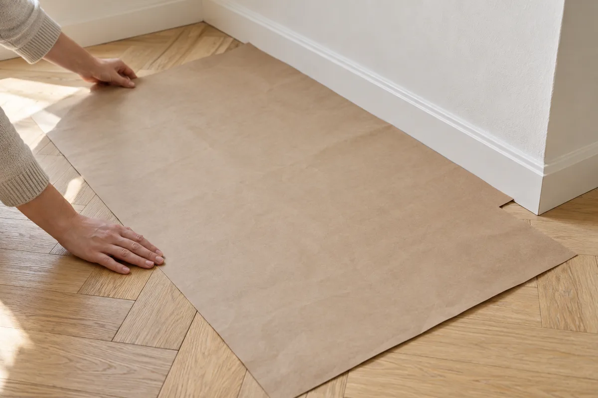 Mains posant un gabarit de papier kraft au sol le long d&rsquo;une plinthe