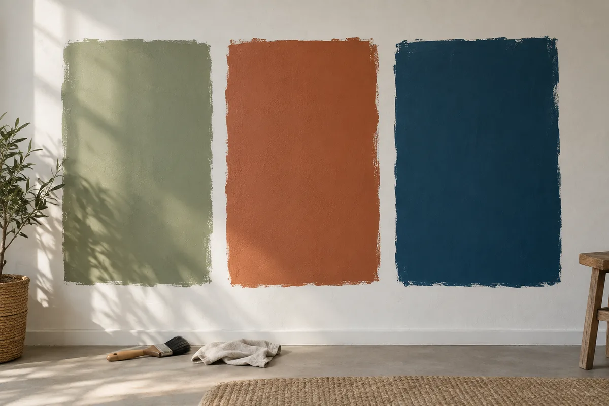 Mur blanc portant trois grands aplats de couleur peints à l&rsquo;essai