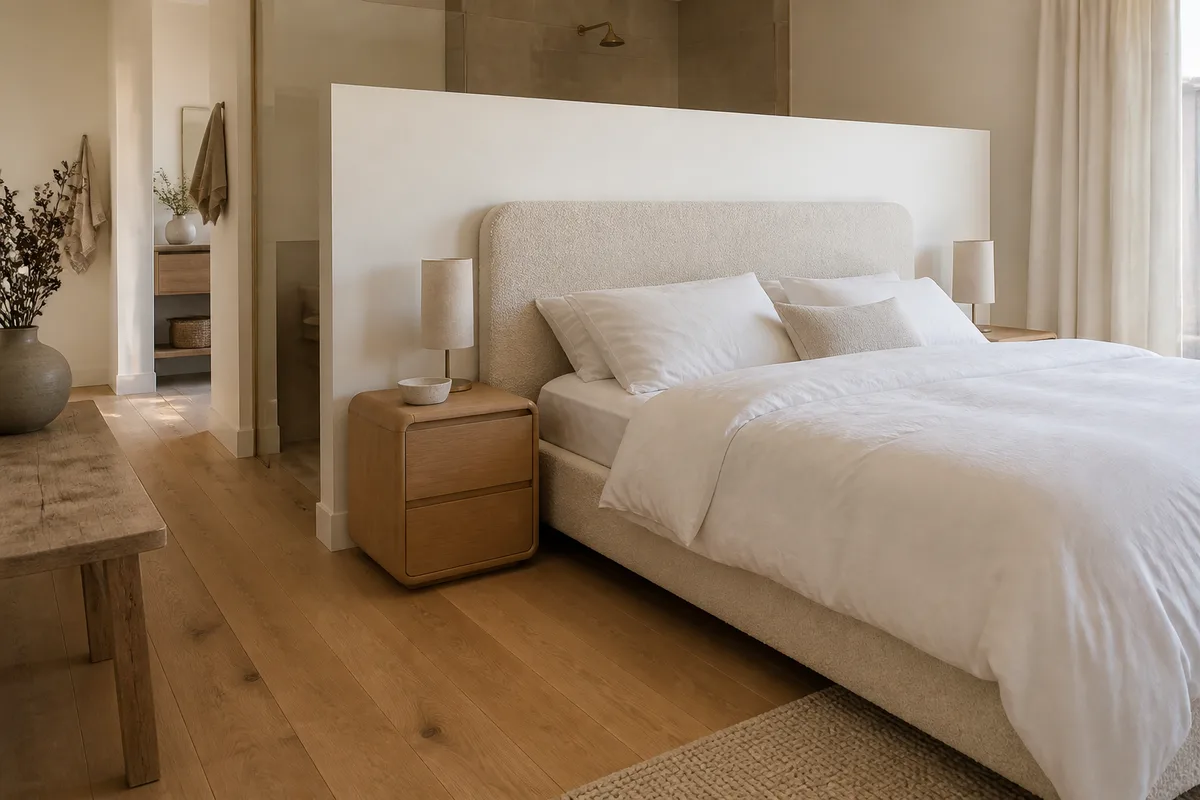 Chambre parentale claire avec cloison partielle vers un espace douche