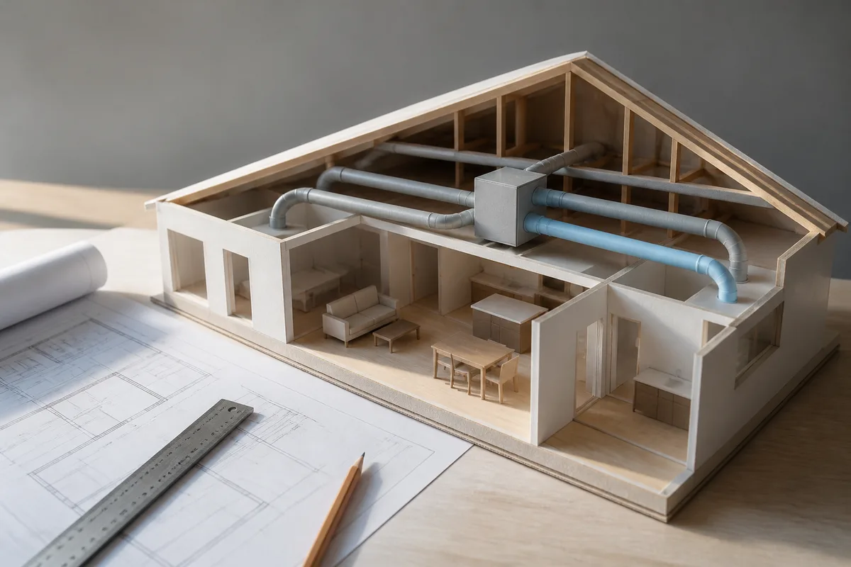 Coupe pédagogique d&rsquo;une maison rénovée montrant deux réseaux de gaines distincts reliés à une centrale de ventilation en comble