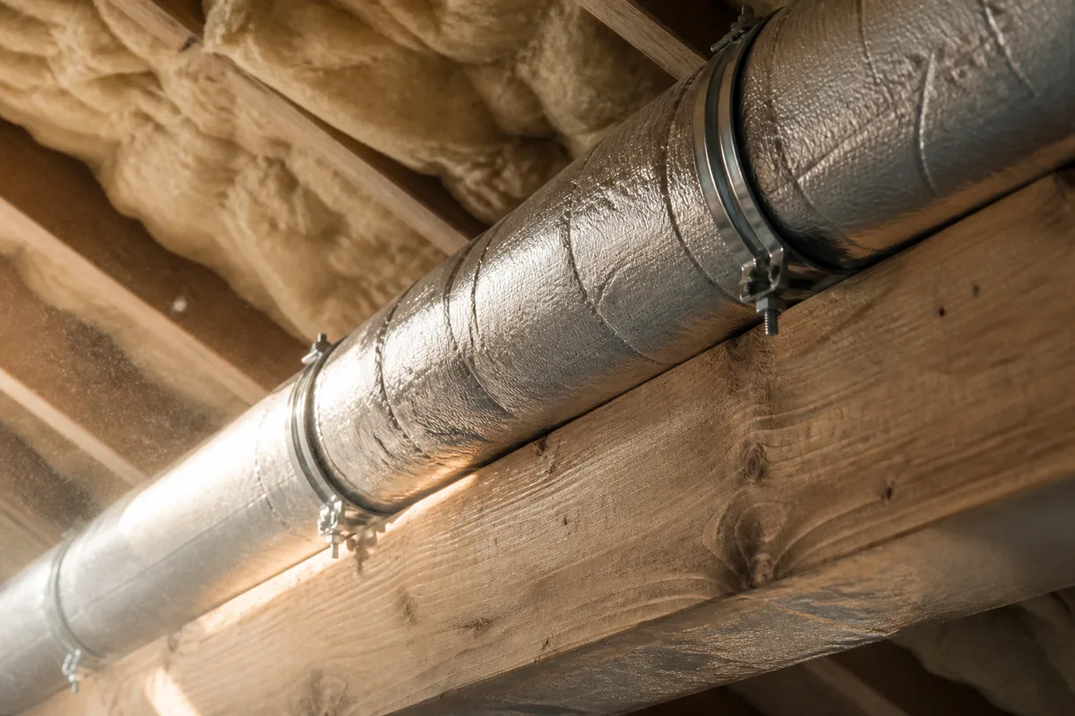 Détail de réseau de ventilation en comble aménagé, conduits rigides isolés fixés sur colliers le long d&rsquo;une panne bois