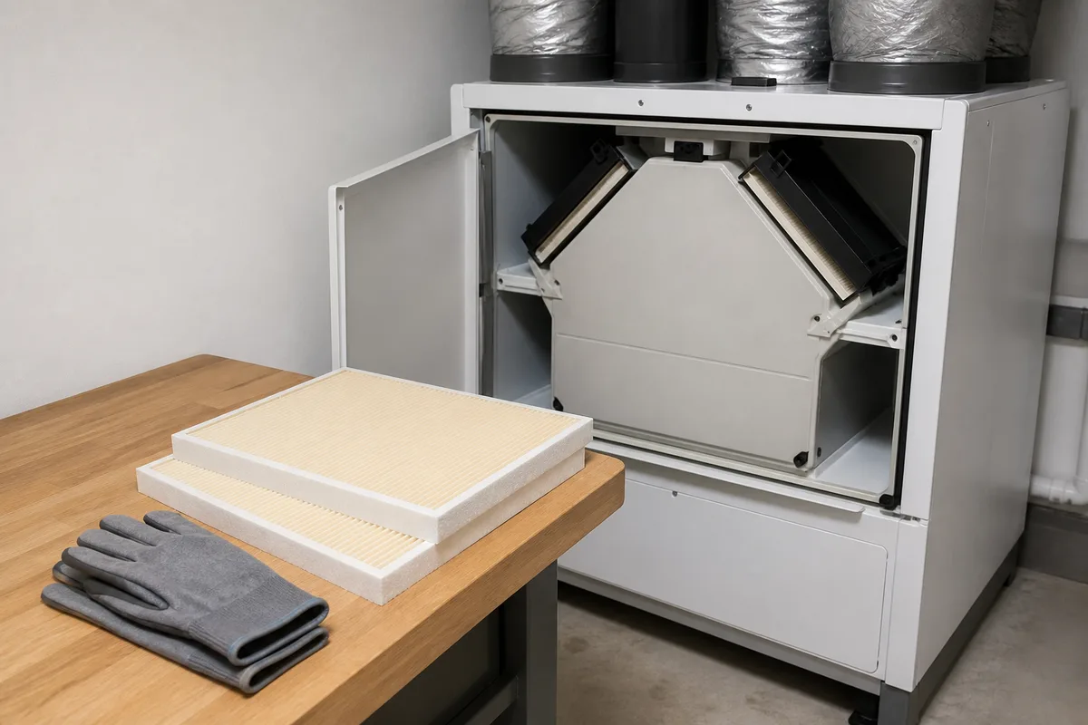 Trappe ouverte d&rsquo;une centrale de ventilation résidentielle avec deux filtres plissés neufs posés à côté sur un établi