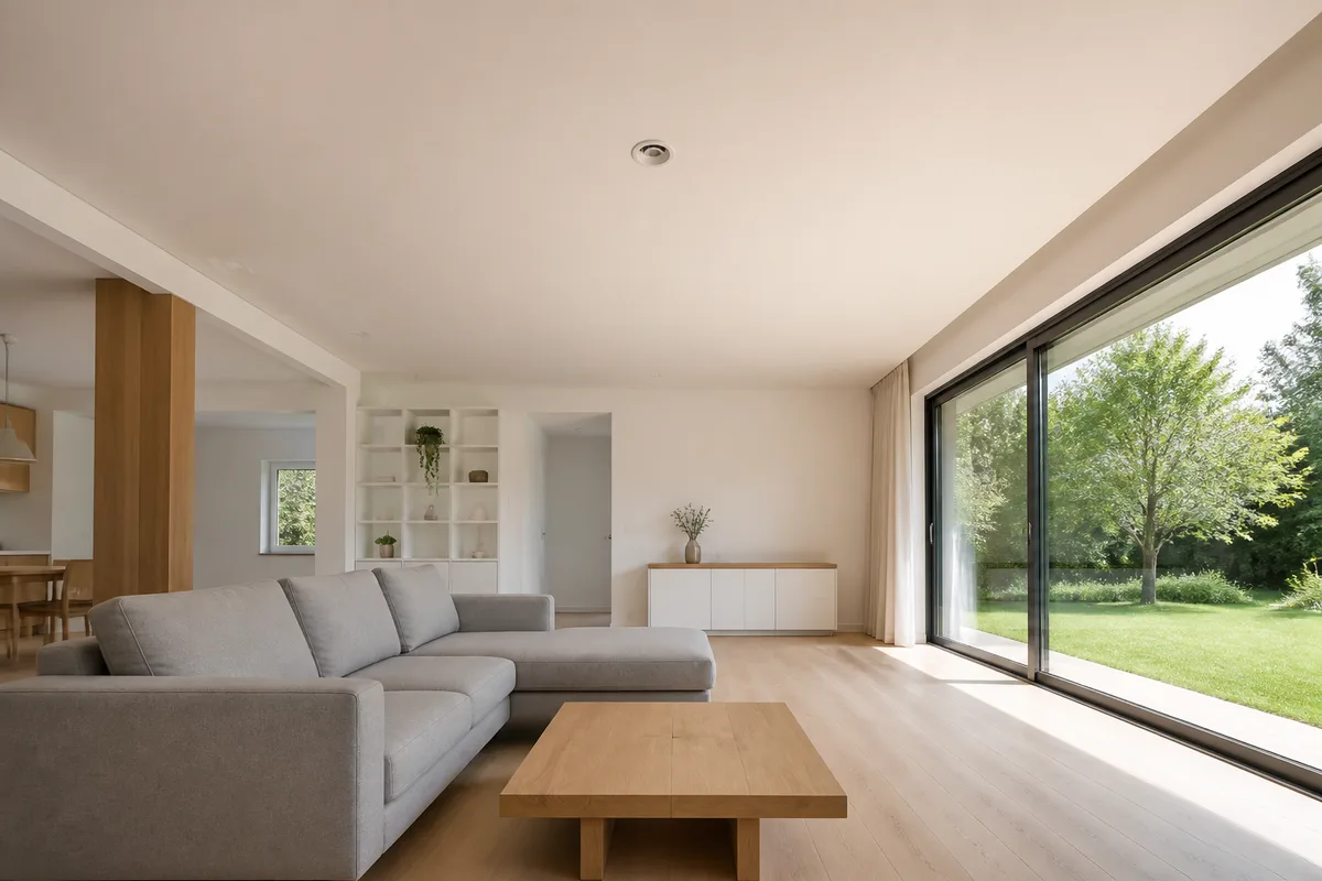 Séjour clair d&rsquo;une maison rénovée avec bouche de soufflage discrète intégrée au plafond près d&rsquo;une grande baie